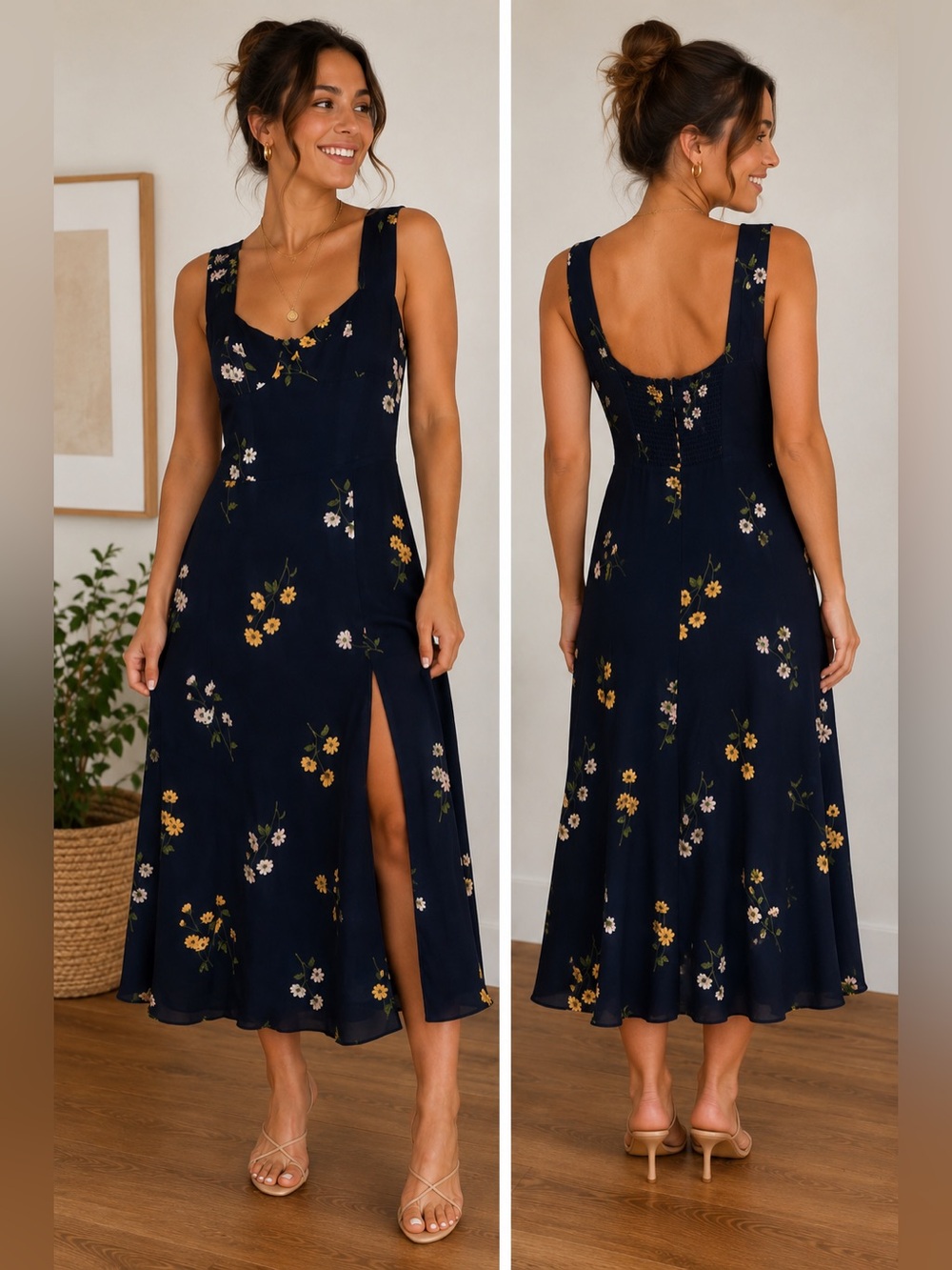 Reformation Navy Floral Midi Dress with Yellow & White Blooms